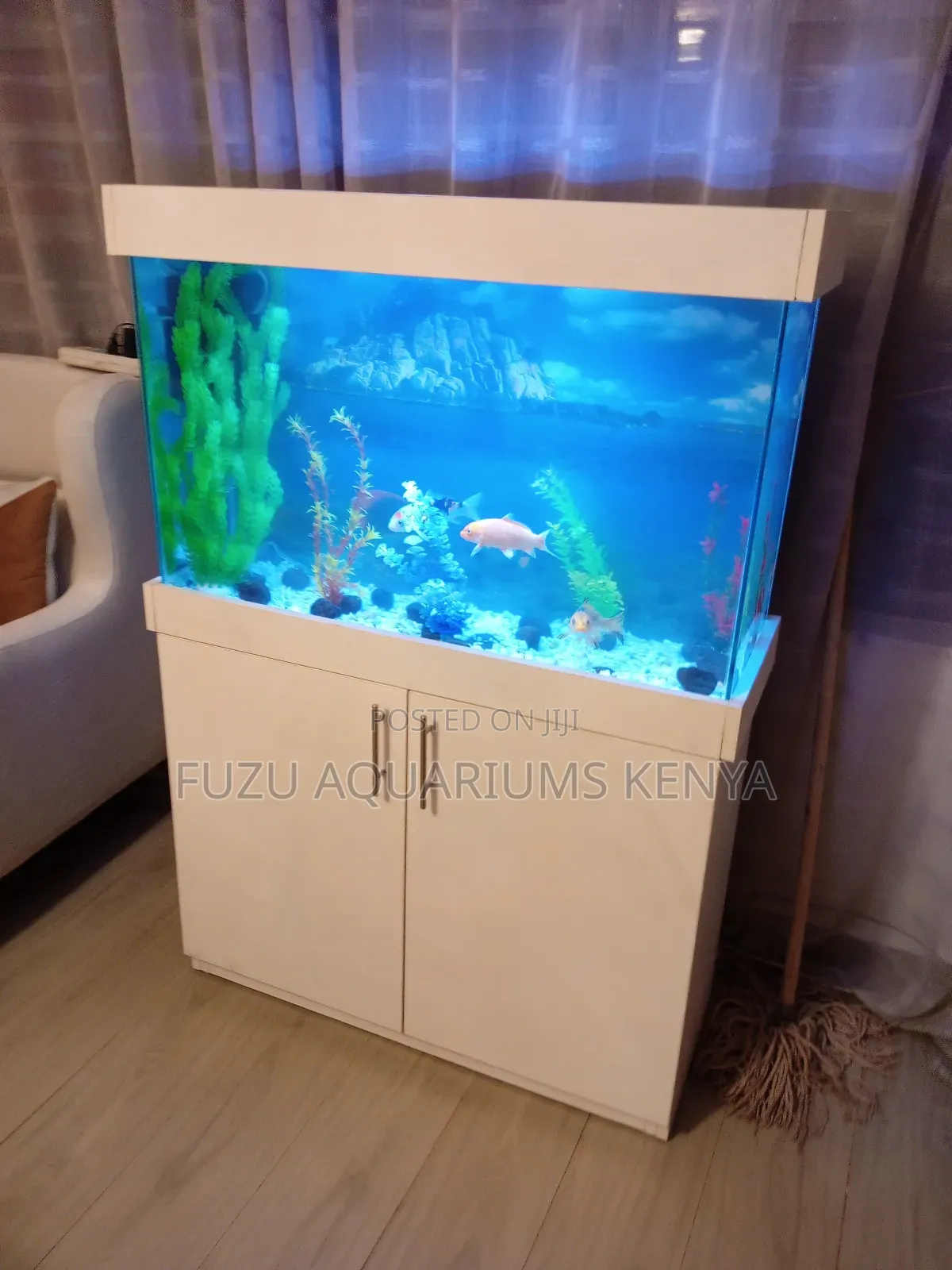 Full Aquarium With Fish and Storage Cabinet