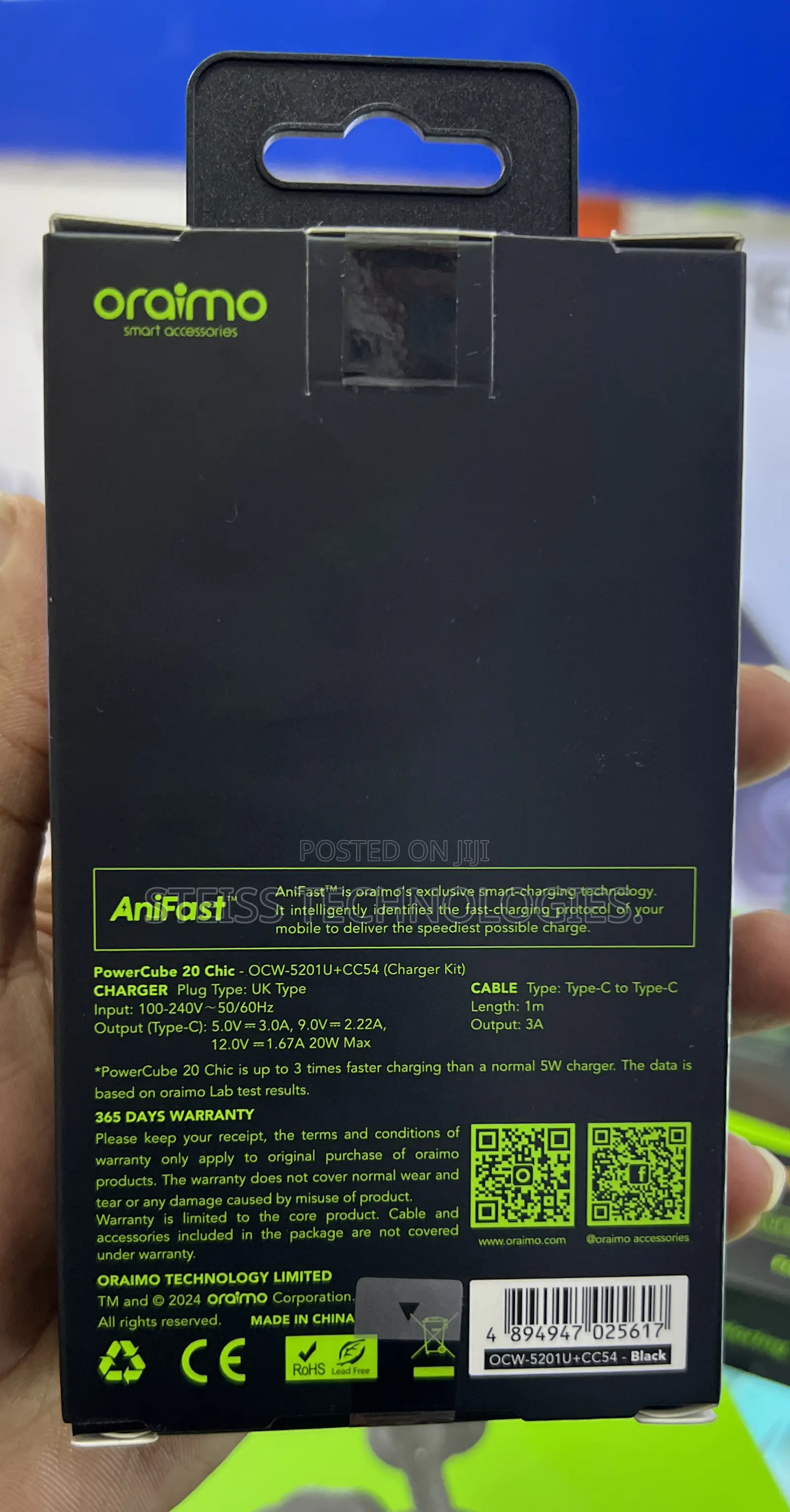 Oraimo 20W Gan FASTER USB-C to USB-C Charger