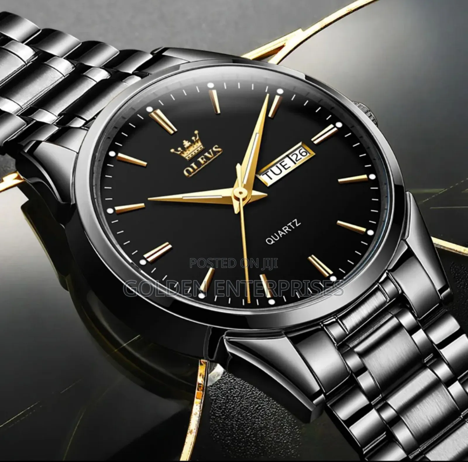 Classic All Black Olevs Gents Stainless Steel Strap Watch