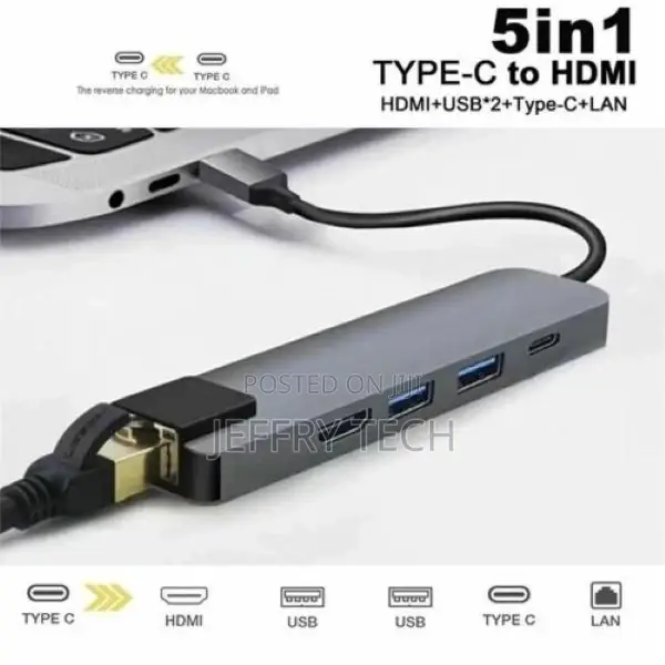 5in1 USB C Hub to HDMI Lan Rj45 Ethernet 2 USB 3.0 Fast C