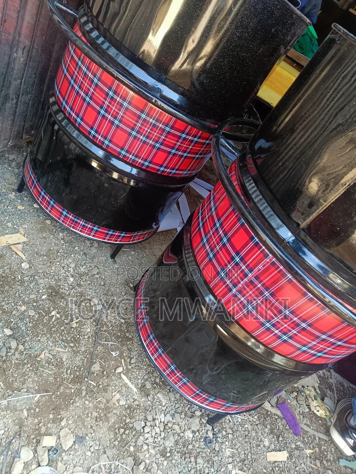 Bar Drum Tables With Decorations, Black and Checked 