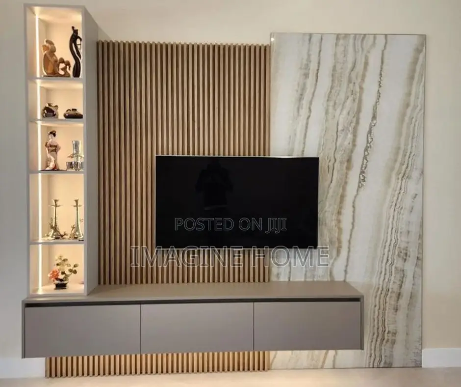 TV Wall Decor With Fluted Wall Panels With Marble Sheets