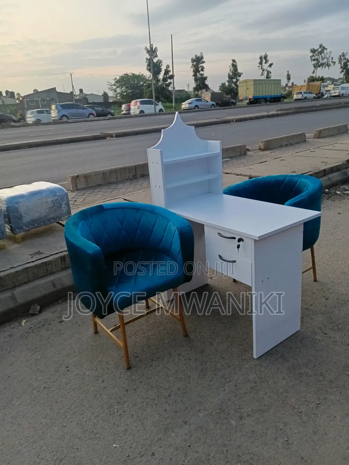Manicure Set, White Table, Blue Seats.