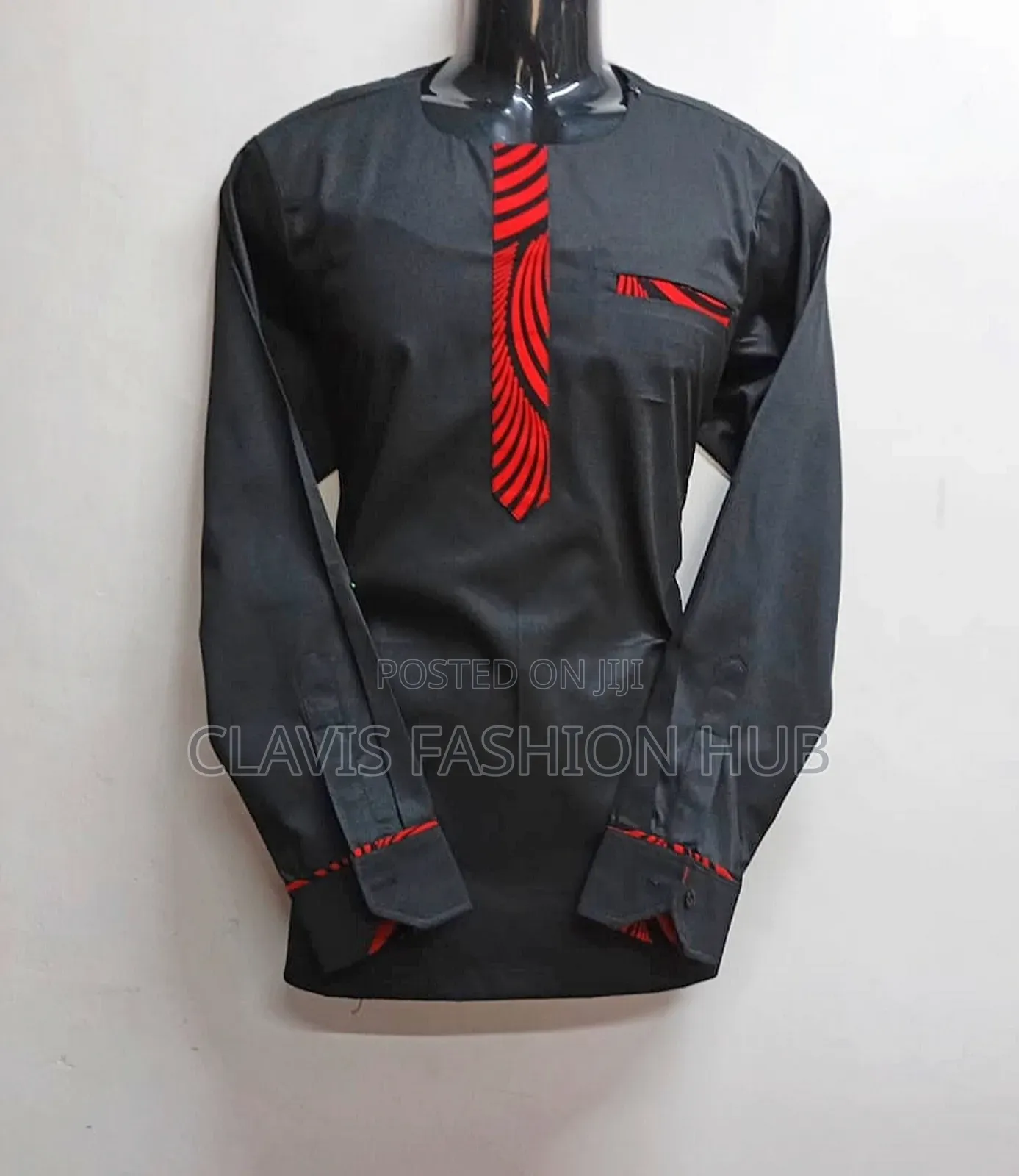 Black African Kitenge Shirts for Men With a Touch of Red