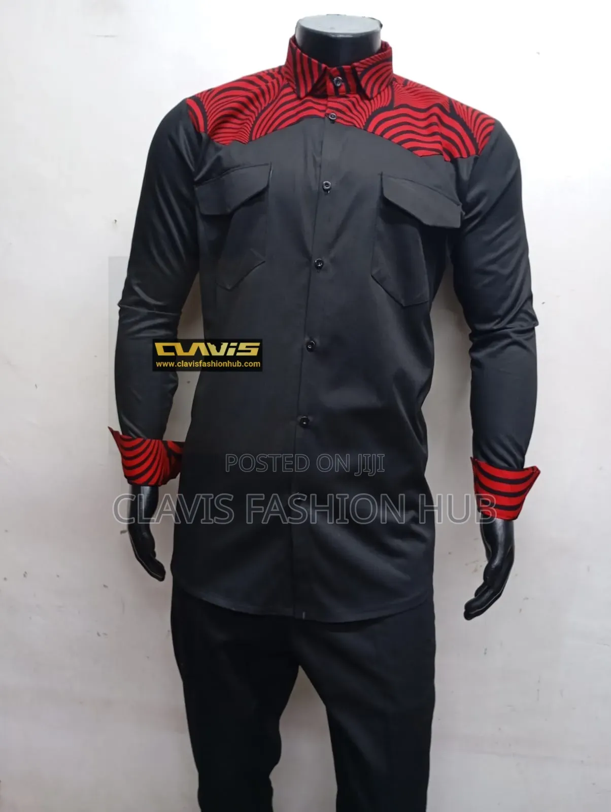Black African Kitenge Shirts for Men With a Touch of Red