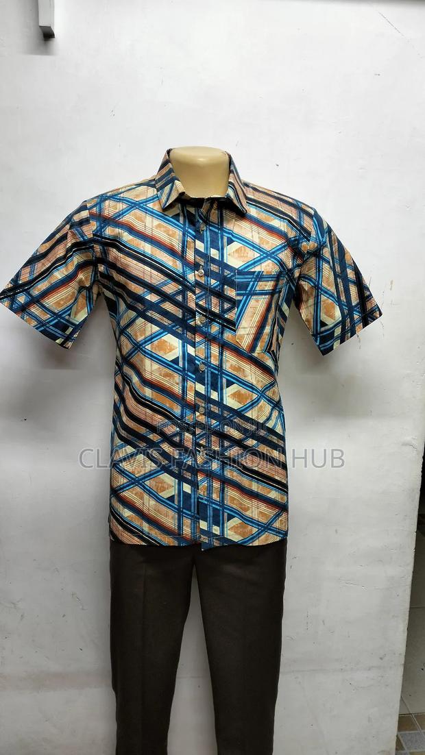 Biege and Blue Kitenge Men Shirt. Ready Made Size Large - main view