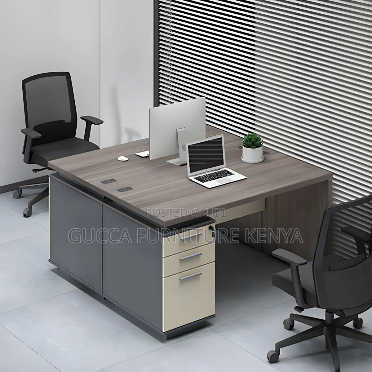 Clerical Desking: Gray Wood Executive Desk With 3 Drawers