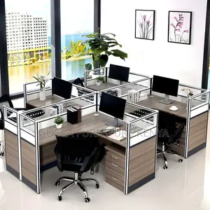 Workstation:4 Way Curved Modular Brown Wooden Workstation