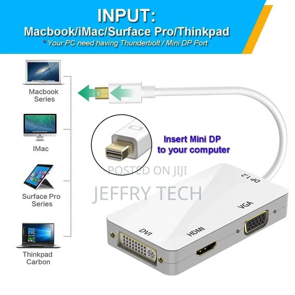 3 In1 Mini Display Port Thunderbolt to HDMI/DVI/VGA Display