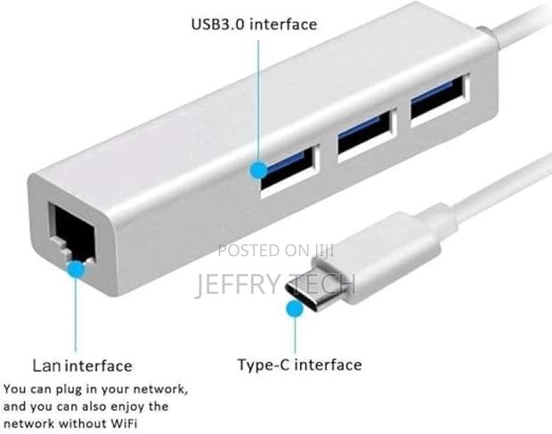 Ruhza Type C to 3-Port USB 3.0 Hub With RJ45 LAN Adapter For