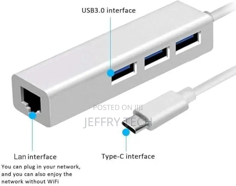 Ruhza Type C to 3-Port USB 3.0 Hub With RJ45 LAN Adapter For