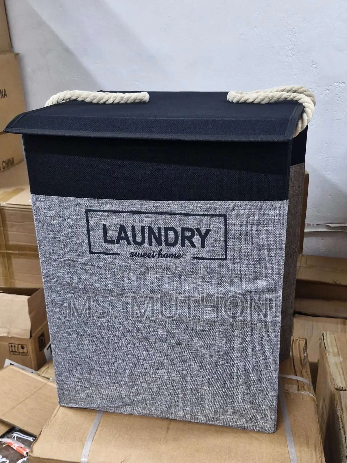Gray Large Cotton Flax Hamper Foldable Storage Bag.