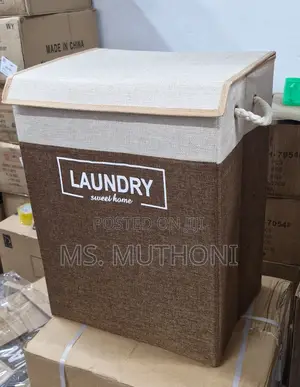 Brown/Beige Large Cotton Flax Hamper Foldable Storage Bag.
