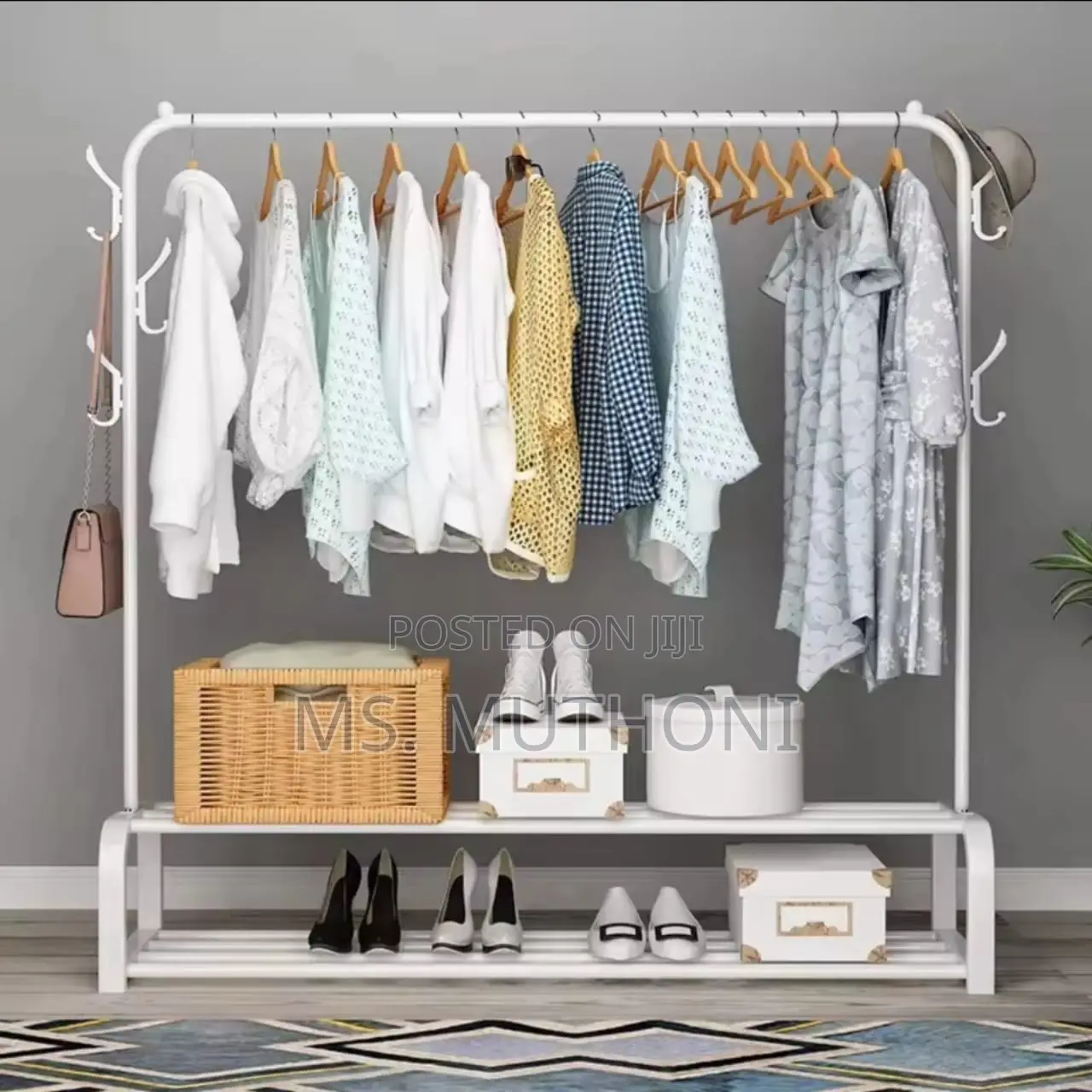 White Cloth Rack With Double Lower Storage Shelf