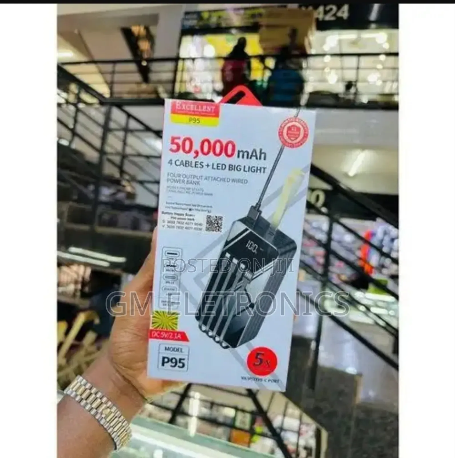 Original P95 50000 Mah Power Bank, 4 Cables. LED Big Light.