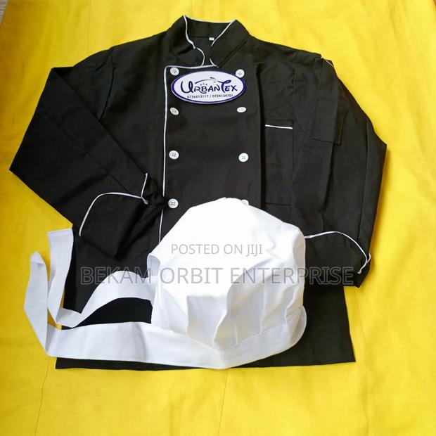 White Piped Black Chef Jacket+ Chef Hat - thumbnail 3