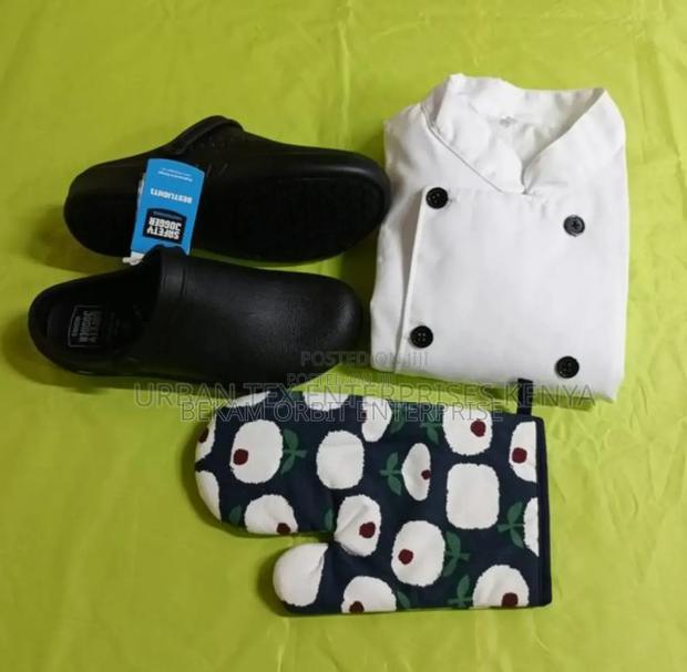 White Cotton Chef Jacket+Kitchen Clog+Mitten Gloves Package - main view