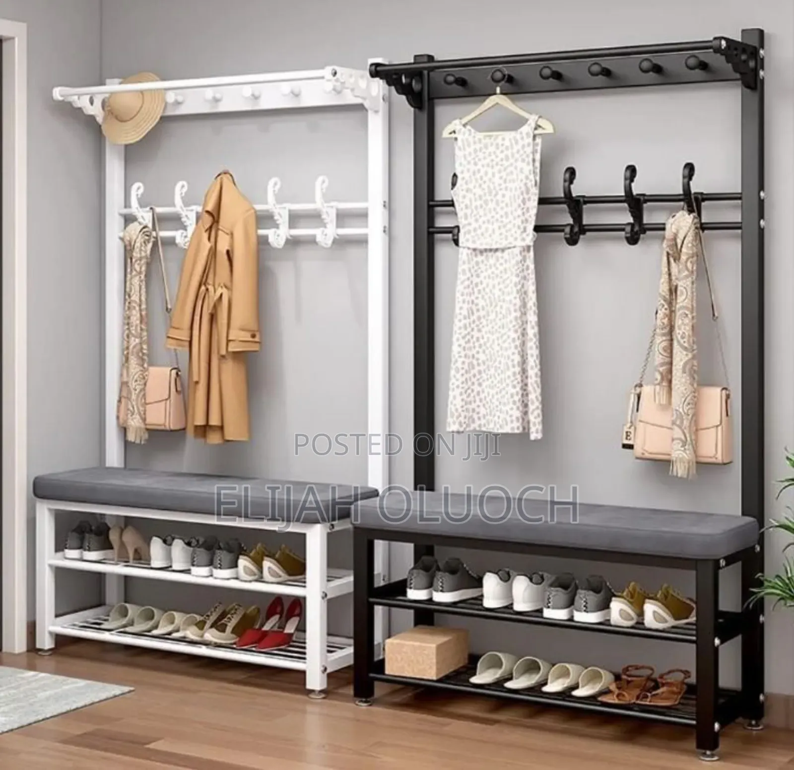 Multipurpose Entryway Bench Shoe Rack With Clothes Hanger