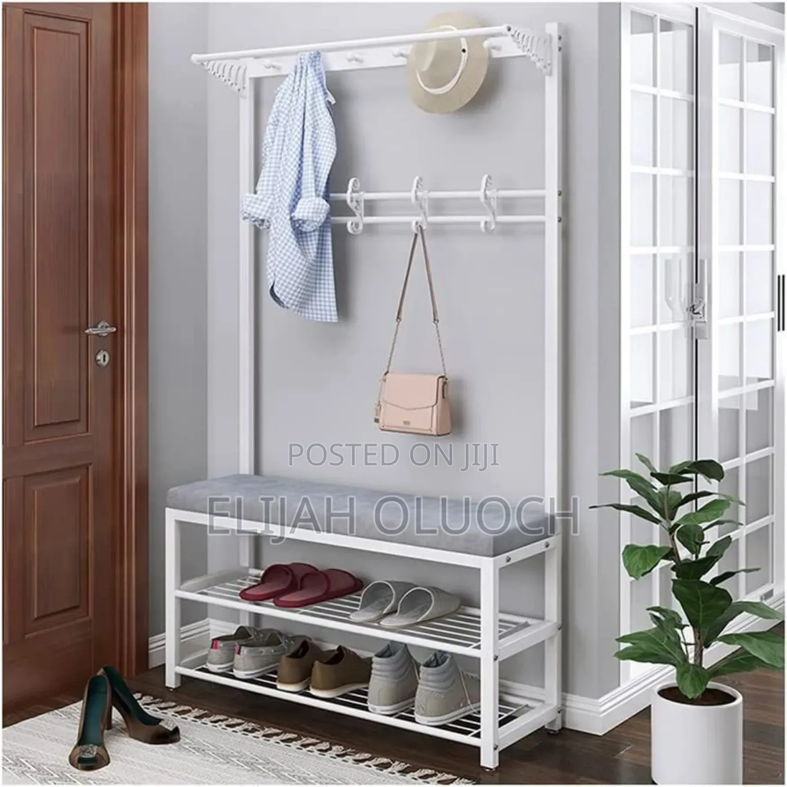 Multipurpose Entryway Bench Shoe Rack With Clothes Hanger