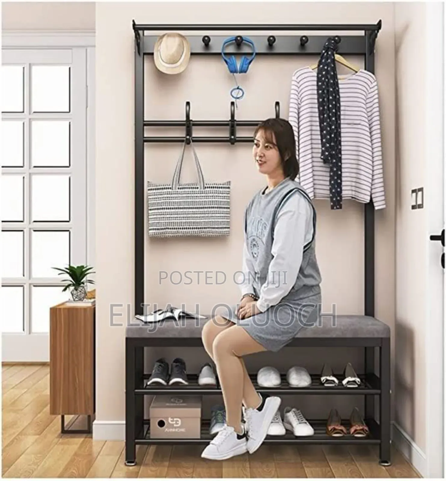 Multipurpose Entryway Bench Shoe Rack With Clothes Hanger