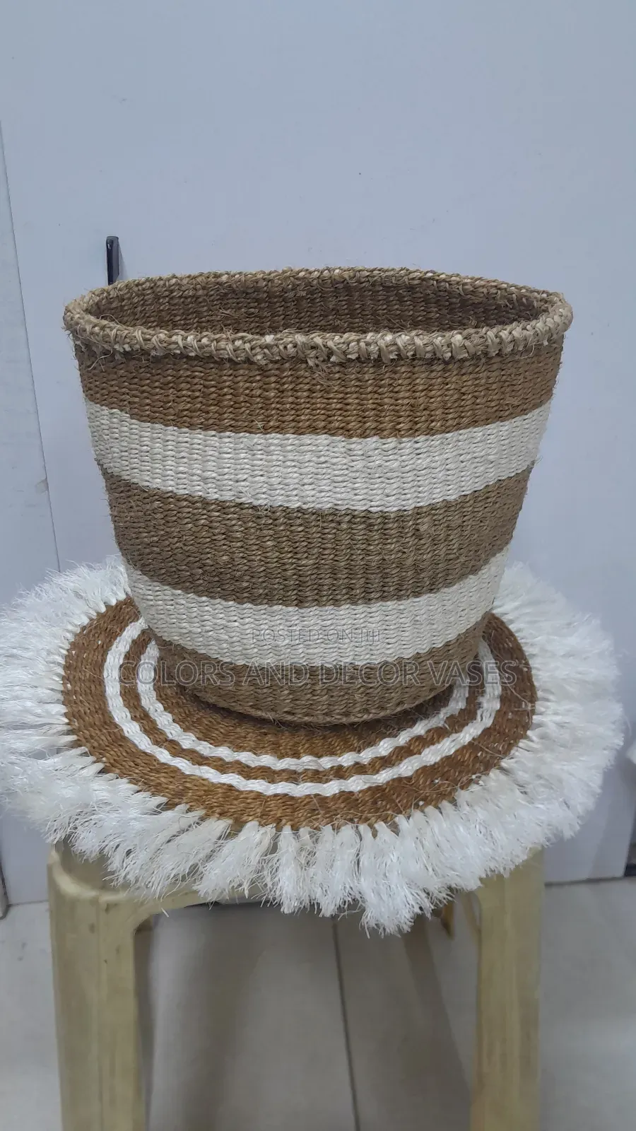 Stripped Brown and White Basket and Mat