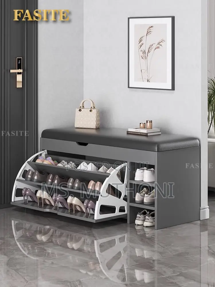 Grey Modern Bucket Flip Shoe Cabinet With Changing Bench
