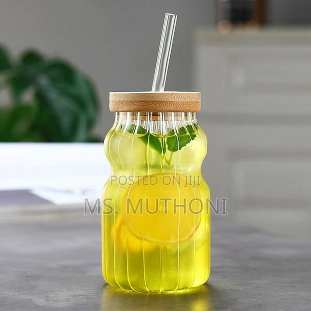 (2) 600ml Borosilicate Ribbed Glass Bamboo Lid and Straw