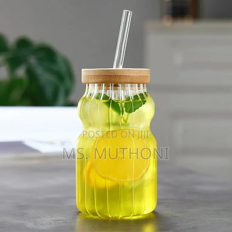 (2) 600ml Borosilicate Ribbed Glass Bamboo Lid and Straw