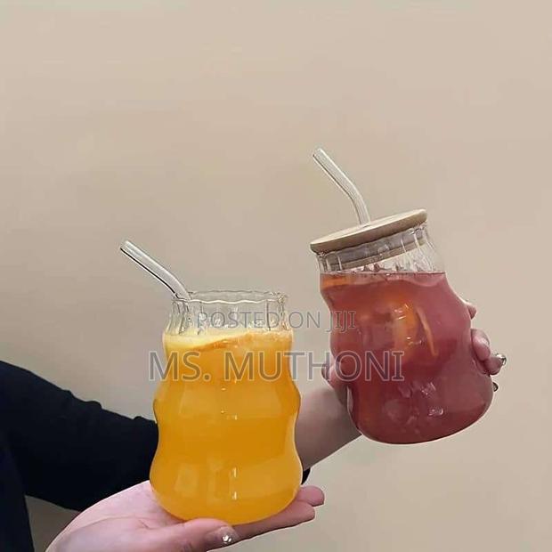 3 600 Ml Glass Cups With Bamboo Lids and Glass Straw - main view