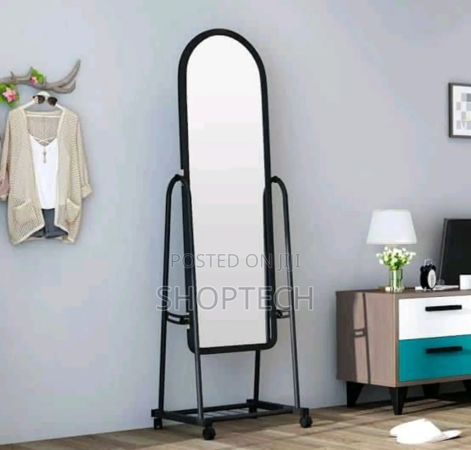Black Full Length Dressing Mirror With Wheels and Shoes Rack
