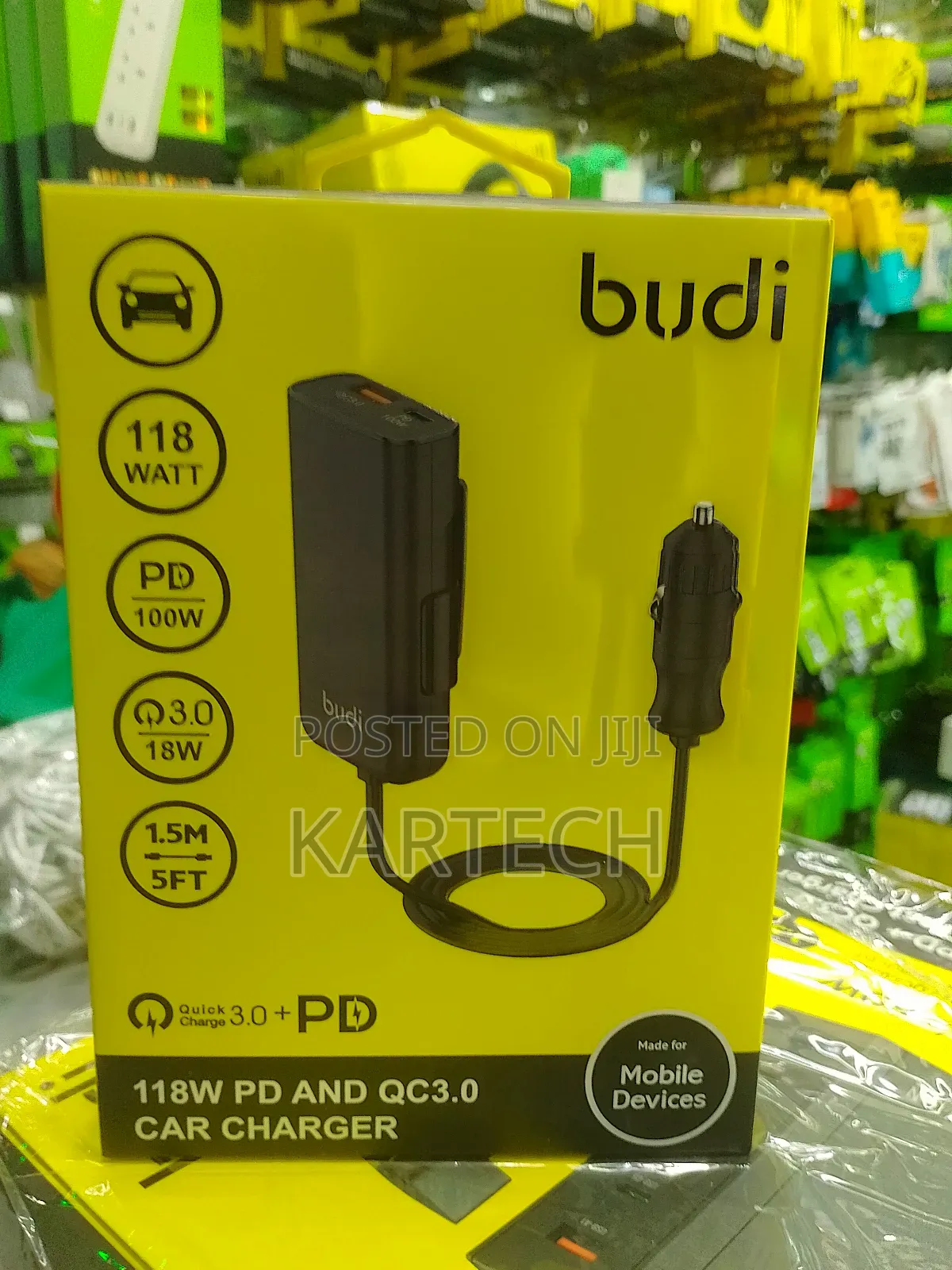 Budi CC069B *118W* PD and QC3.0 Car Charger With 1.5M Cable