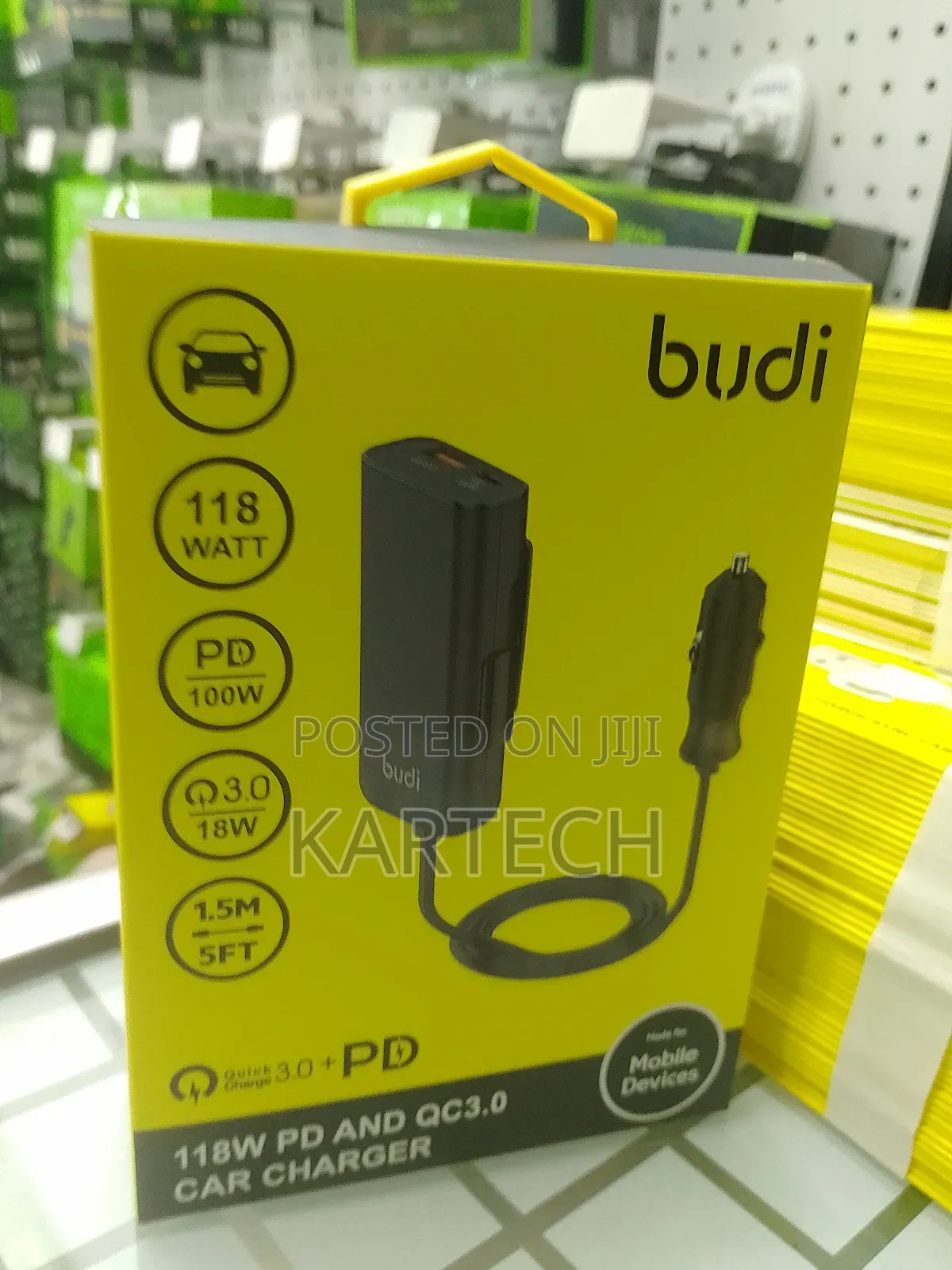 Budi 118W PD and QC3.0 Car Charger With 1.5M Cable