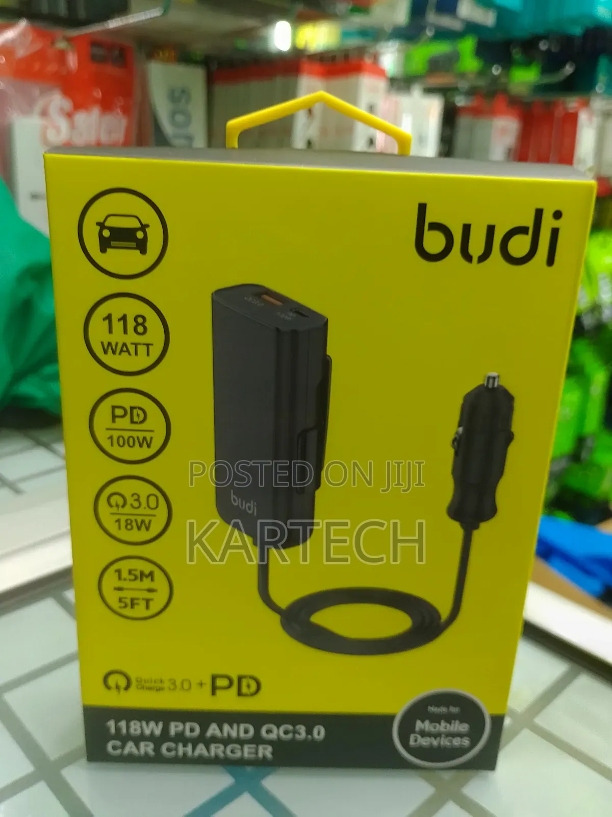 Budi 118W PD 100W and QC3.0 18W Car Charger With 1.5M Cable