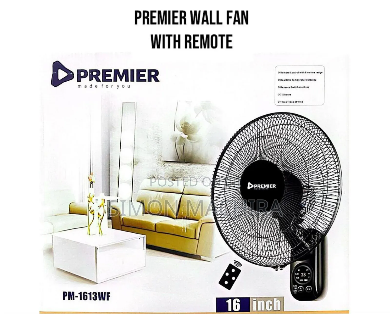 Premier Wall Mounted 16 Inch Wall Fan With Remote