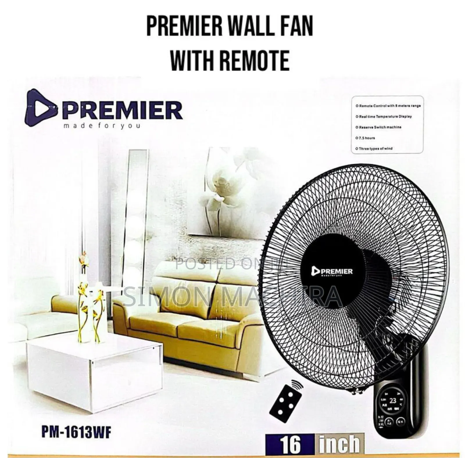 PM-1613WF Premier 16 Inch Wall Fan Black Remote Controlled