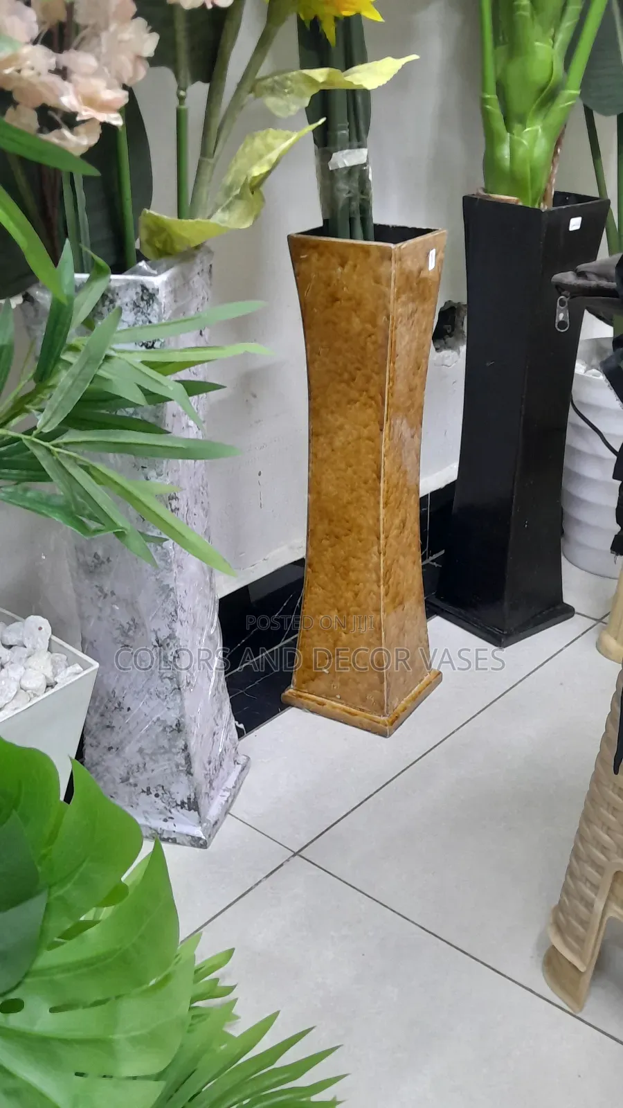 Wooden Vases Brown, Black and Flowered White