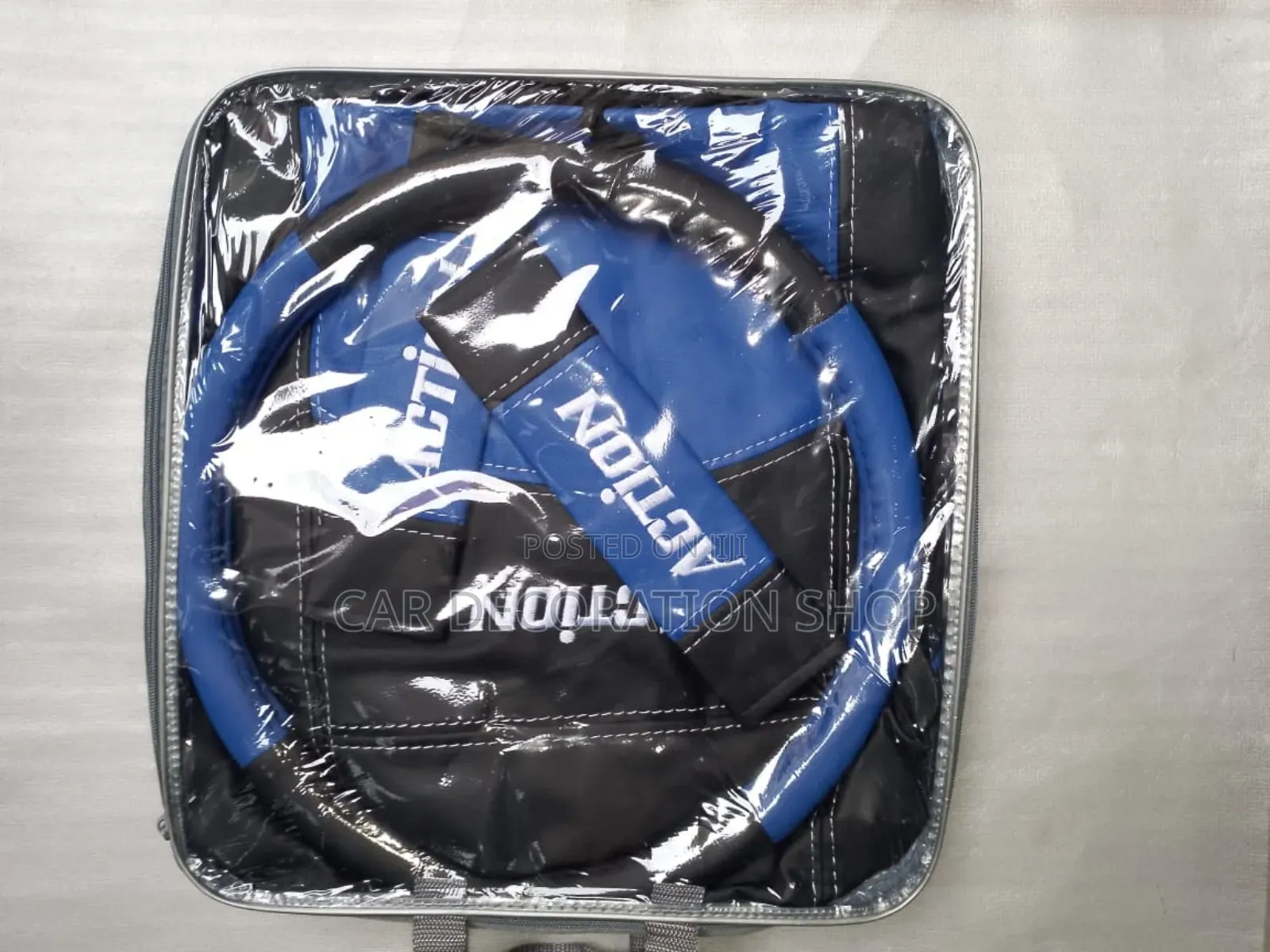 Blue Black Action Leather Seat Cloth Covers+ Steering Cover