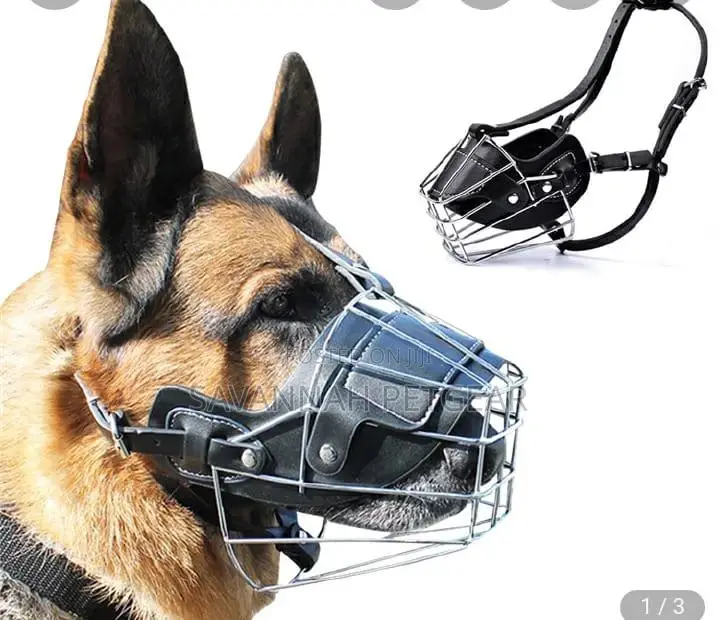 Dog Chrome Metal Muzzles Wire Basket Adjust Leather Straps