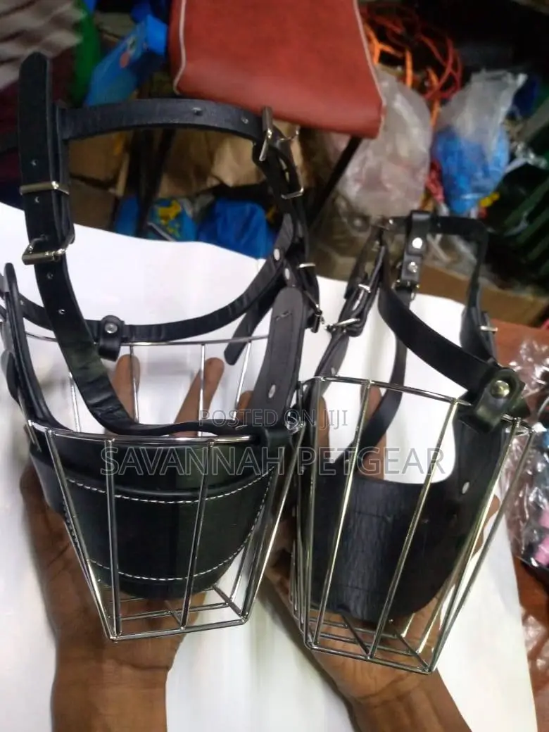 Dog Chrome Metal Muzzles Wire Basket Adjust Leather Straps