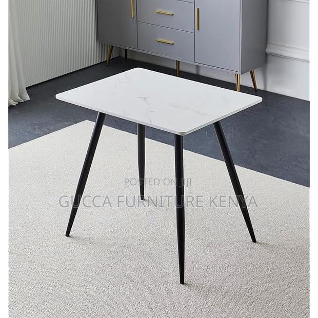 Dining Tables:White Marble Dining Table With Black Metal Leg - main view