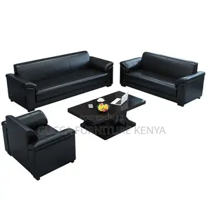 Sofas:5-User Black Leather Contemporary Office Sofa
