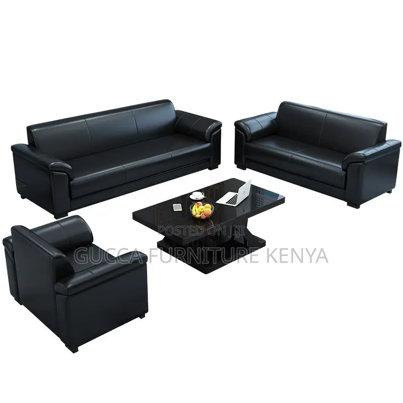 Sofas:5-User Black Leather Contemporary Office Sofa