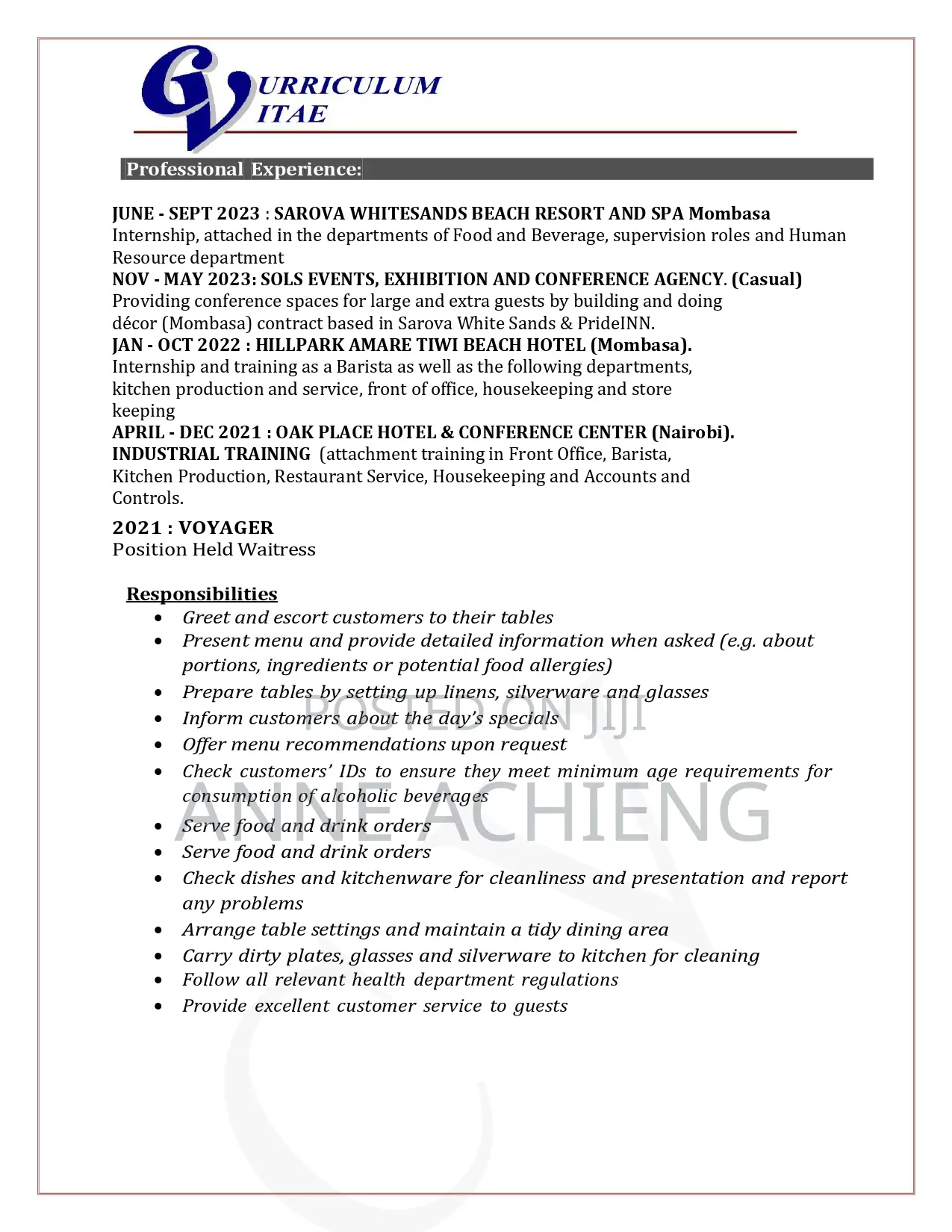 Travel Tourism CV