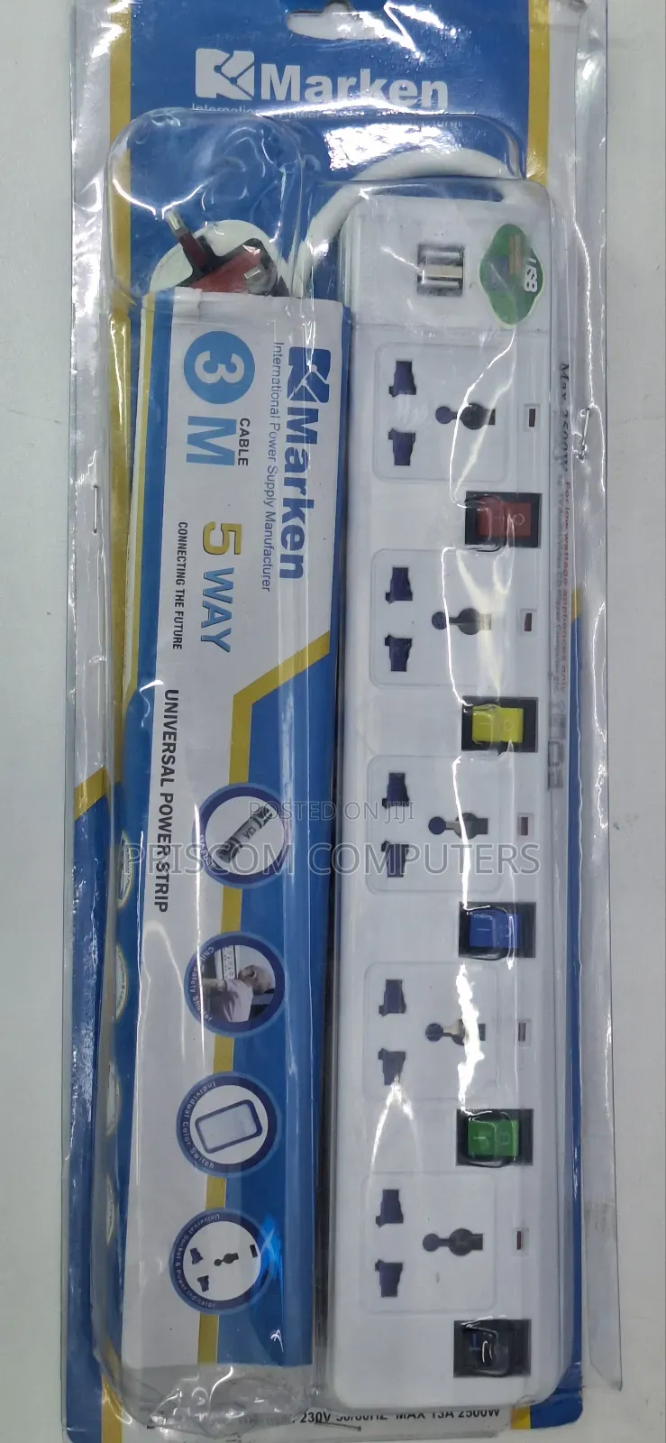 Marken Power Extension 5 Way 3M Length With 2 USB Port