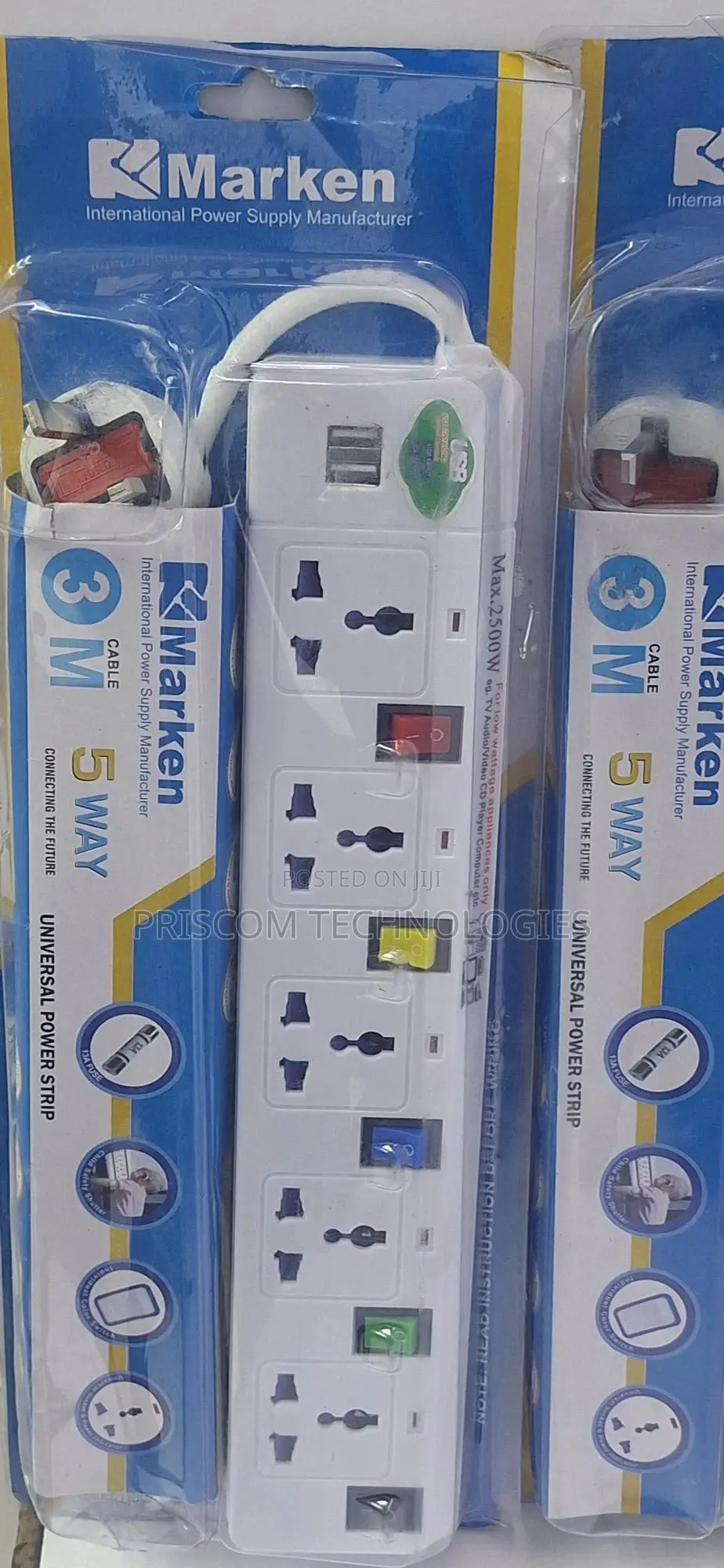 Marken Power Extension 5 Way 3M Cable With 2 USB Power Ports