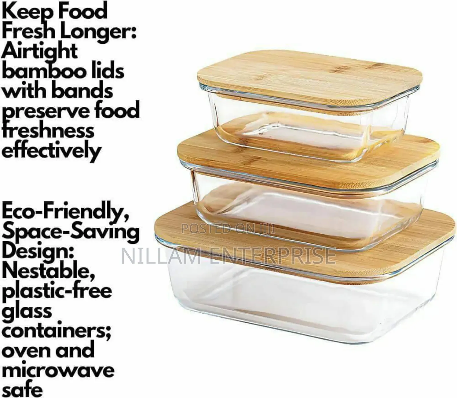 3pcs Glass Bowl Storage Containers With Bamboo Lid