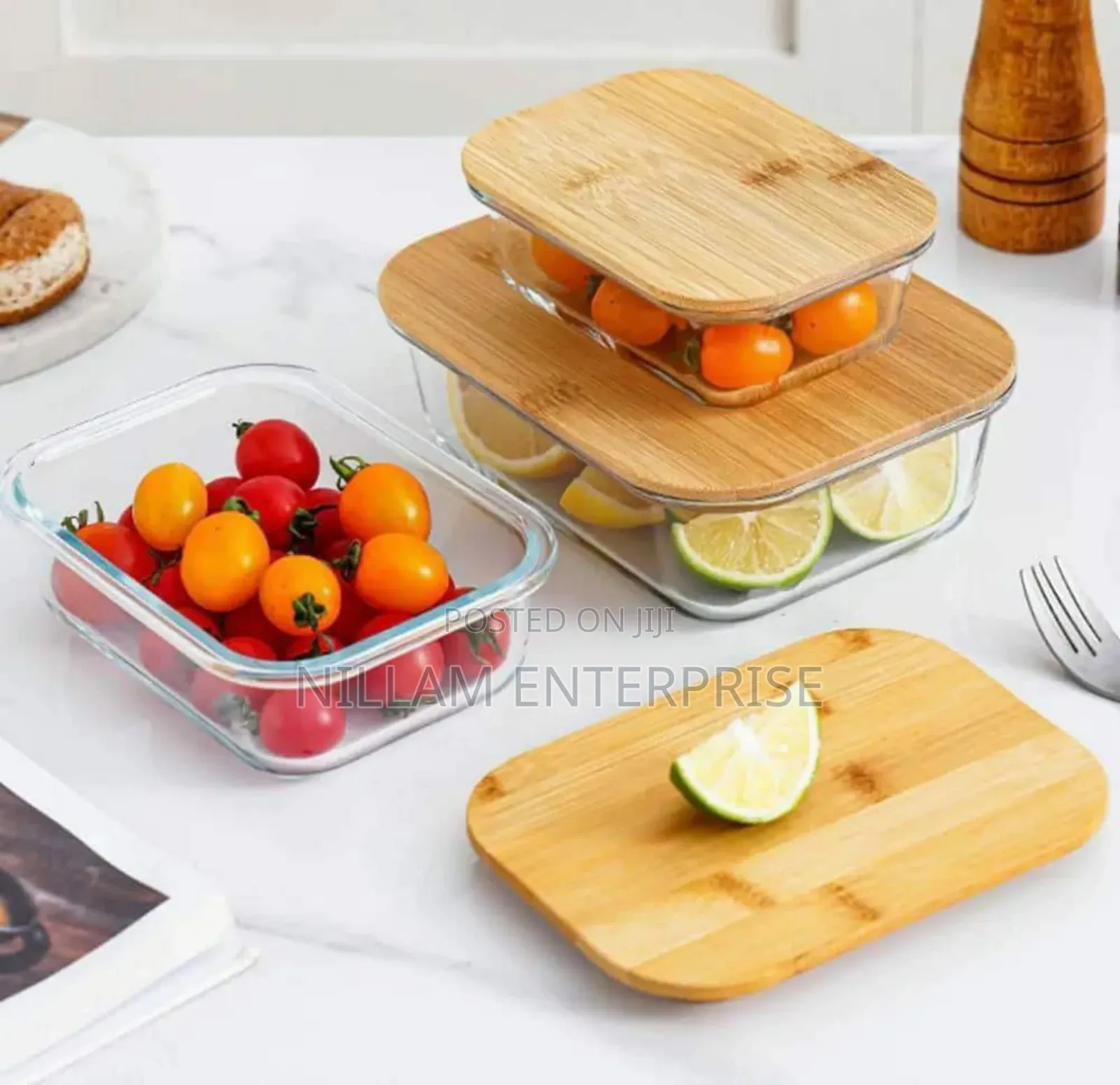 3pcs Glass Bowl Storage Containers With Bamboo Lid