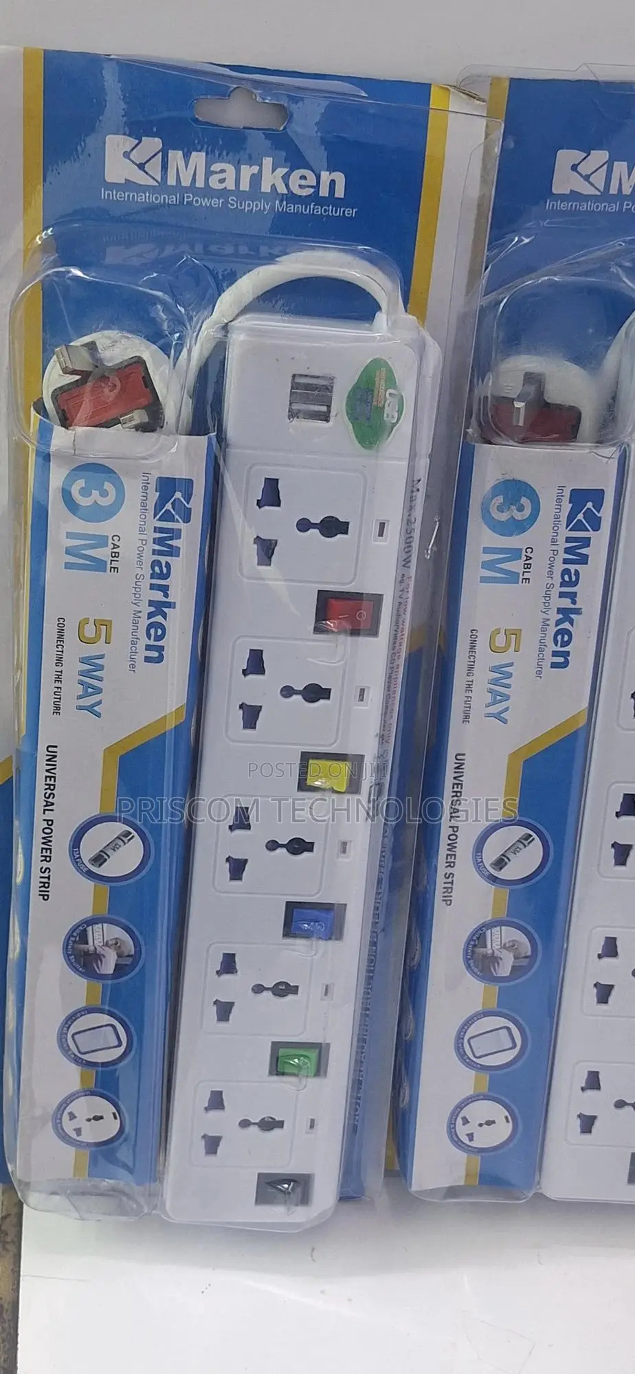 Marken Power Extension 5 Way 3M Cable With 2 USB Power Ports
