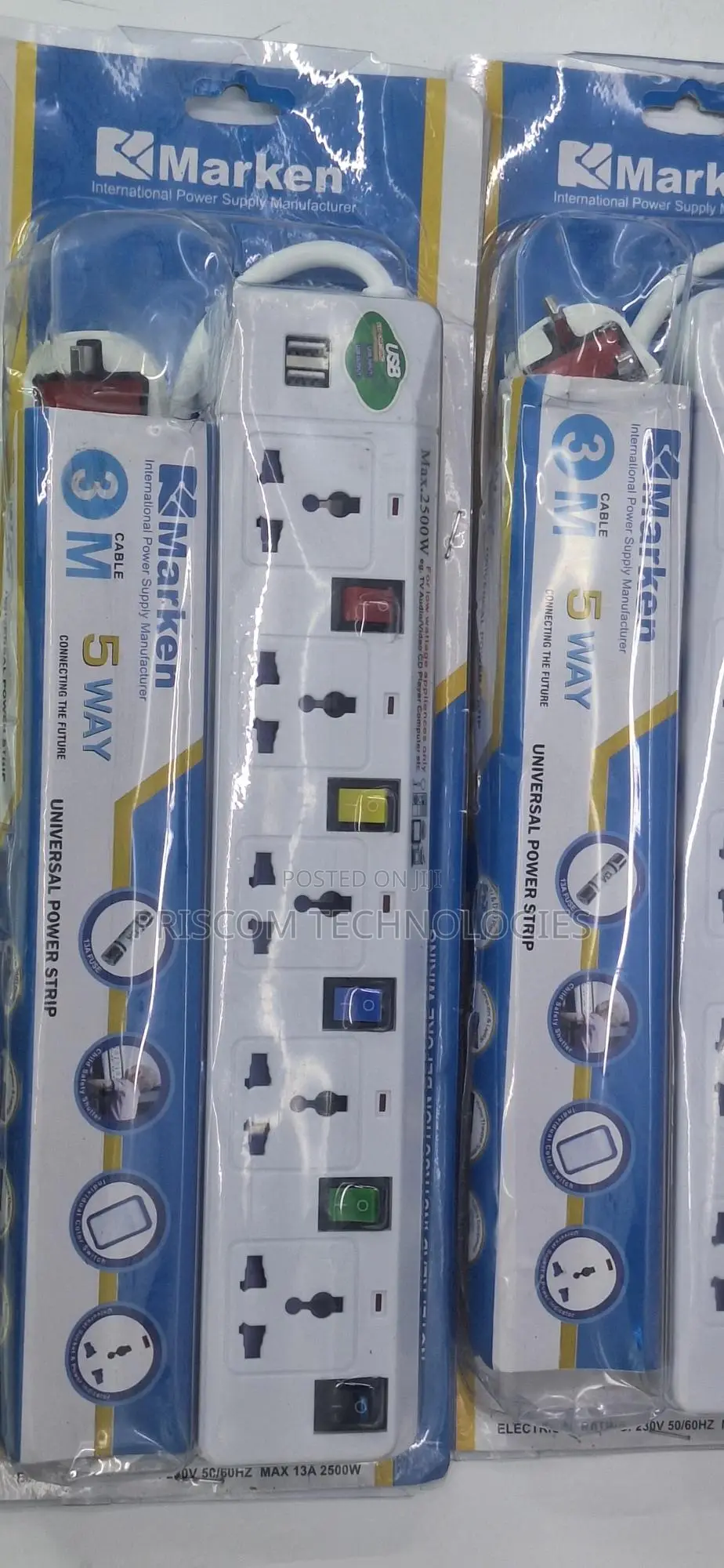 Marken Power Extension 5 Way 3M Cable With 2 USB Power Ports