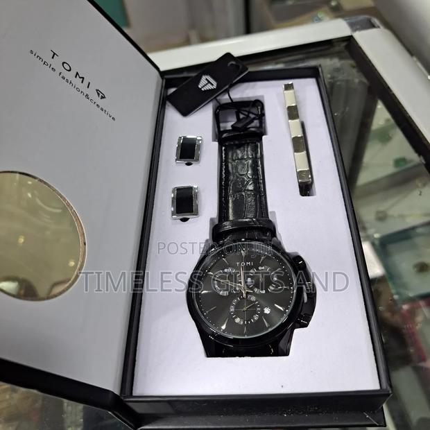 TOMI Men Black Leather Cufflinks and Tie Clip Gift Set - thumbnail 2